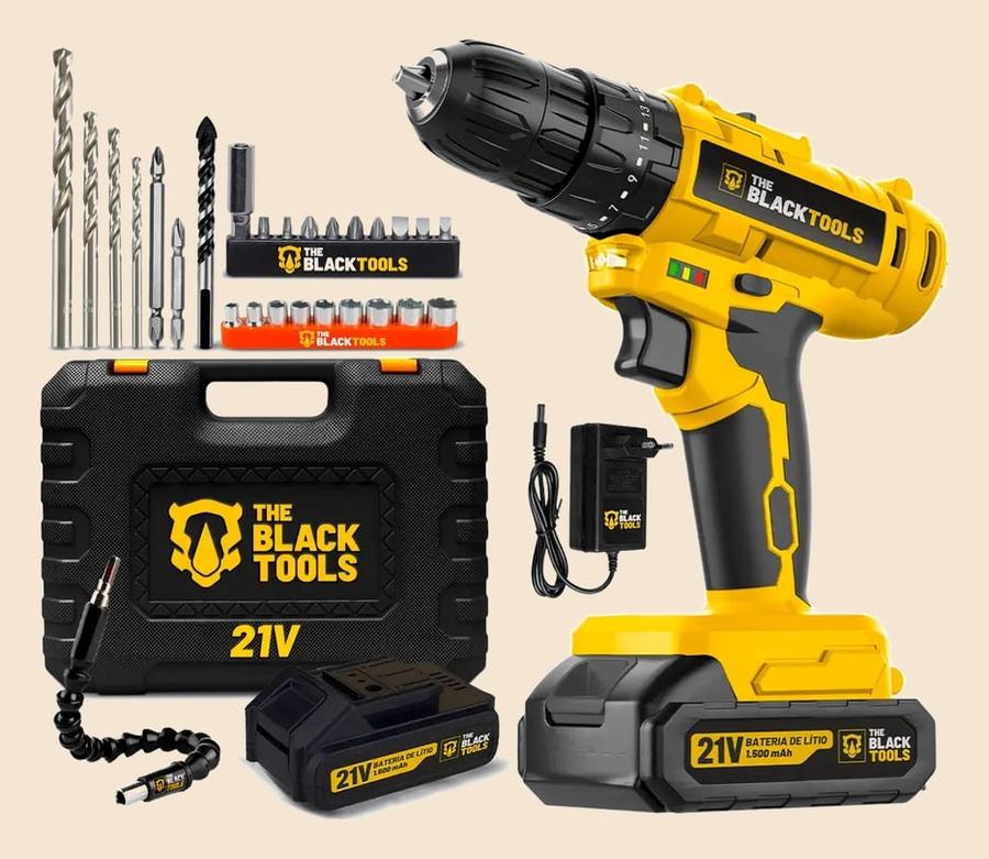Parafusadeira Furadeira De Impacto A Bateria 21V 3/8” Bivolt 1400 Rpm Com Acessórios E Maleta TB-21PZW The Black Tools