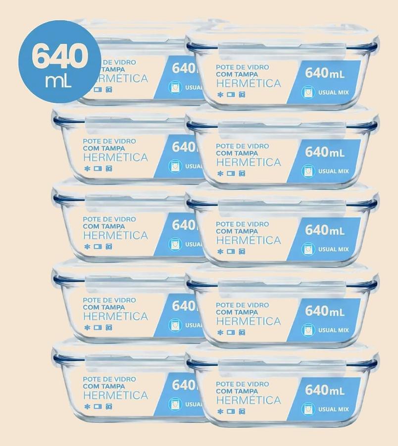 Kit 10 Pote Vidro Hermético Marmita 640ml Micro-ondas Freezer Forno Organização Geladeira