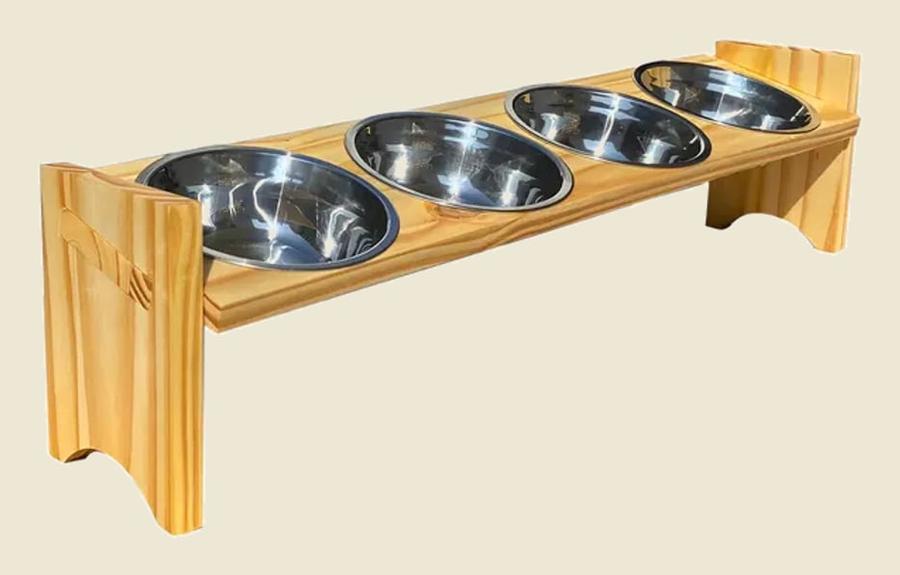 Comedouro Quádruplo - Madeira - Pote Inox- Gato E Cachorro