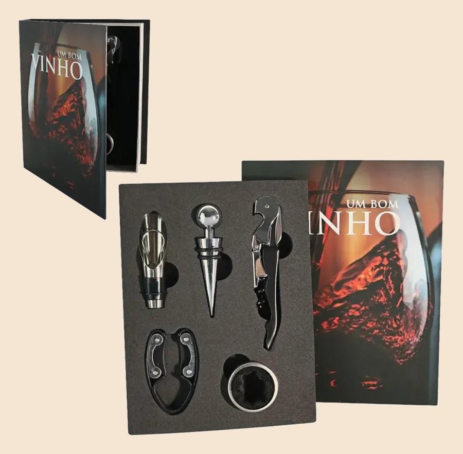 Kit Vinho 5 Peças: Abridor, Dosador, Saca Rolhas E Tampa