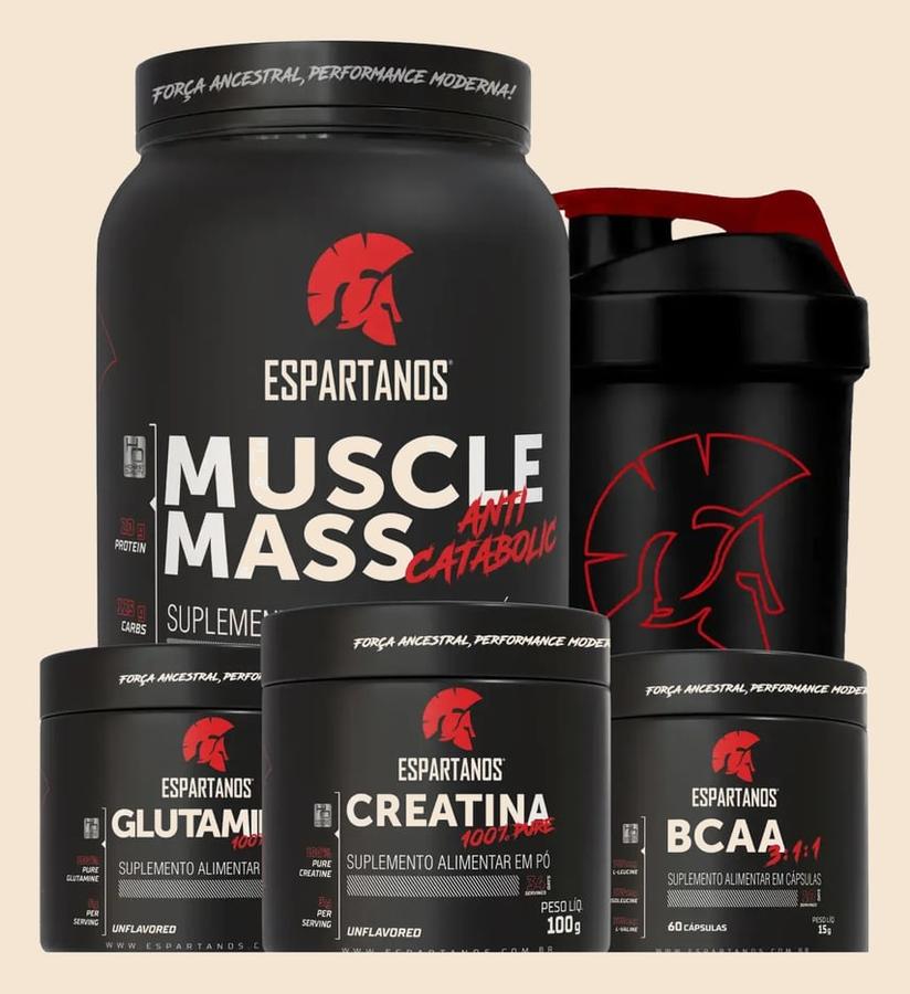Kit Mass Hipercalórico + Bcaa + Creatina + Glutamina + Copo Morango