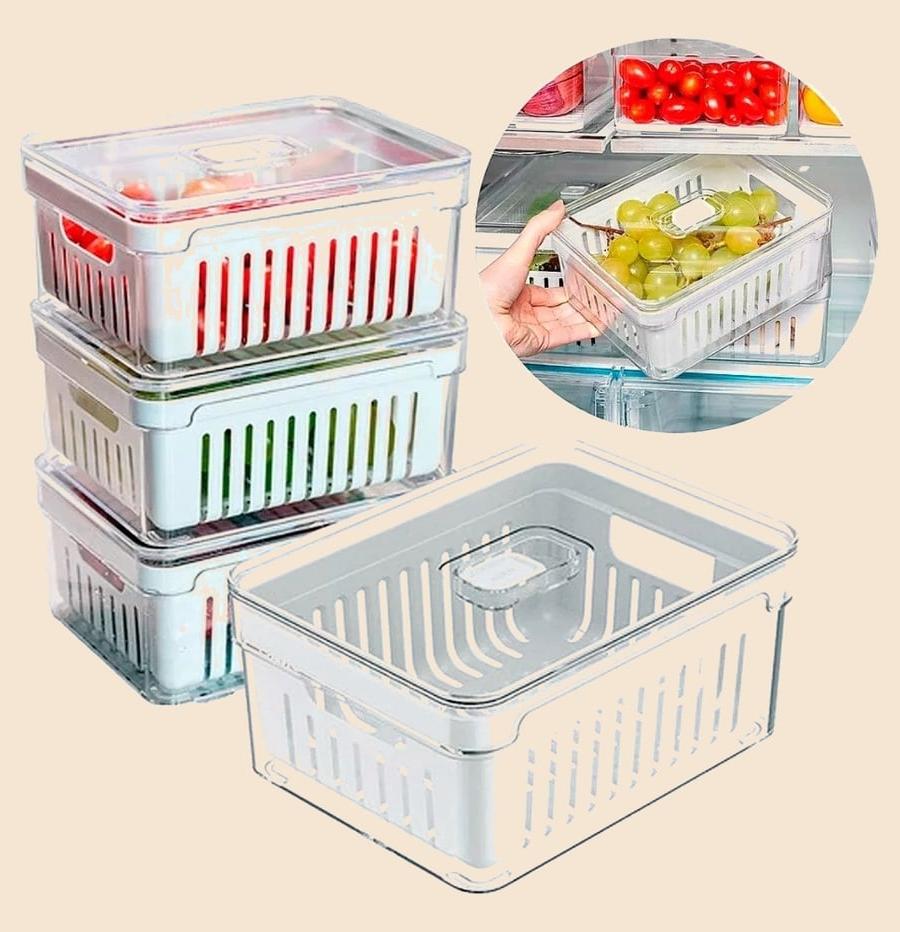 Kit 4 Organizadores Geladeira 2,2 Litros Acrílico Com Cesto para Alimentos Vegetais Cozinha Ou