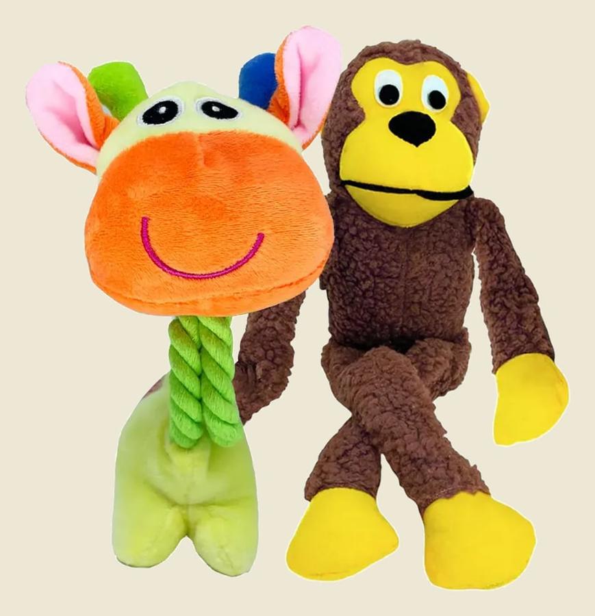 Kit 2 Pelúcias P/cachorro,macaco E Girafa C/apito Savana Pet