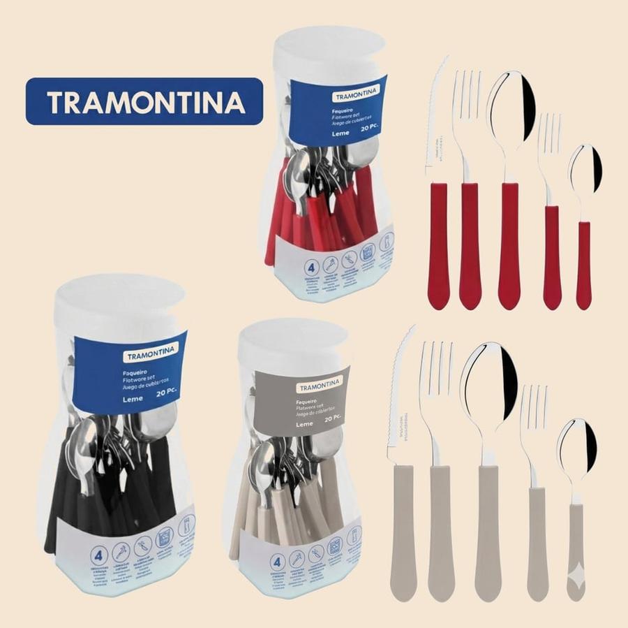 Jogo de Talheres Tramontina Leme ORIGINAL 20 peças Lâminas em Aço Inox e Cabos de Polipropileno Vermelho preto Cinza