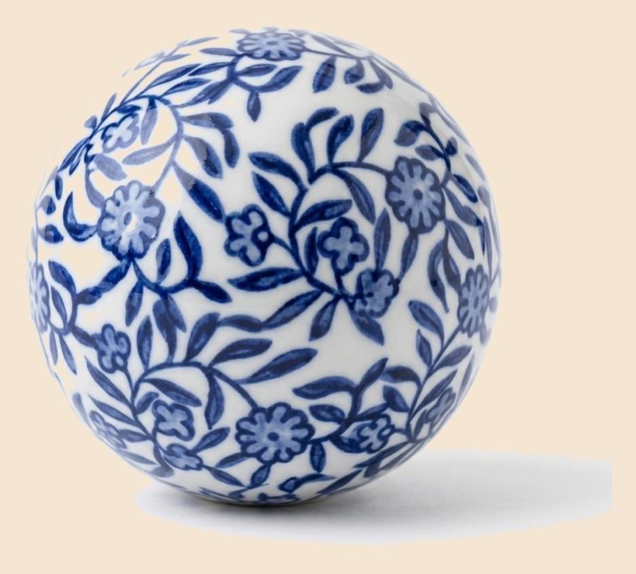 Bola Decorativa Porcelana Floral Azul E Branco 10cm Esfera Mesa Aparador Estante Clássica