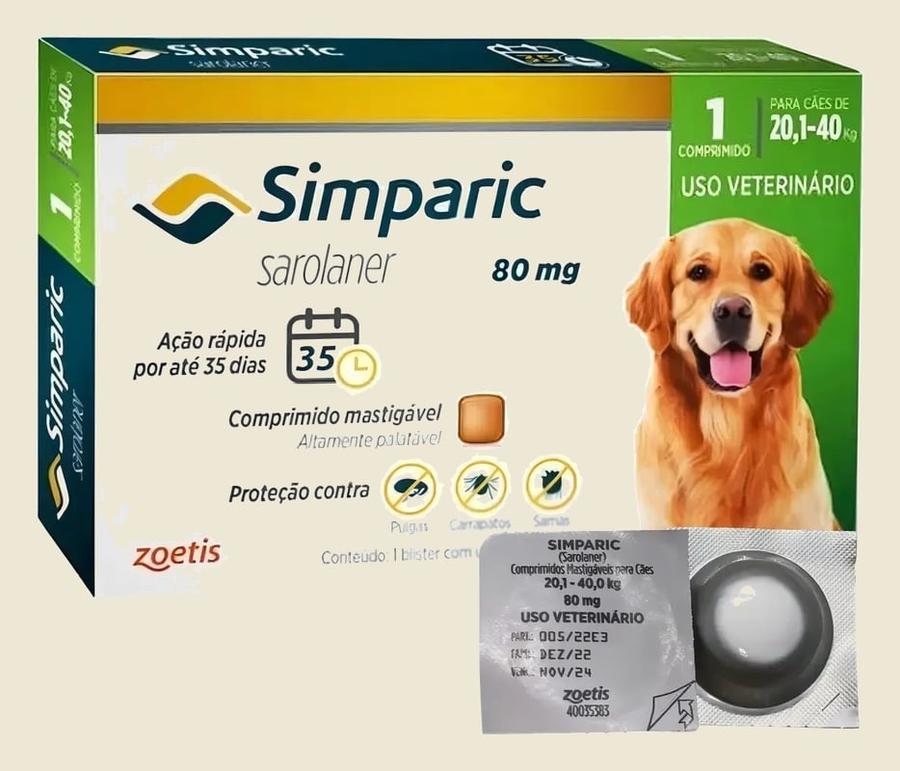 Zoetis Simparic 80mg Antipulgas Carrapatos Cães 20-40kg 1 Comprimido