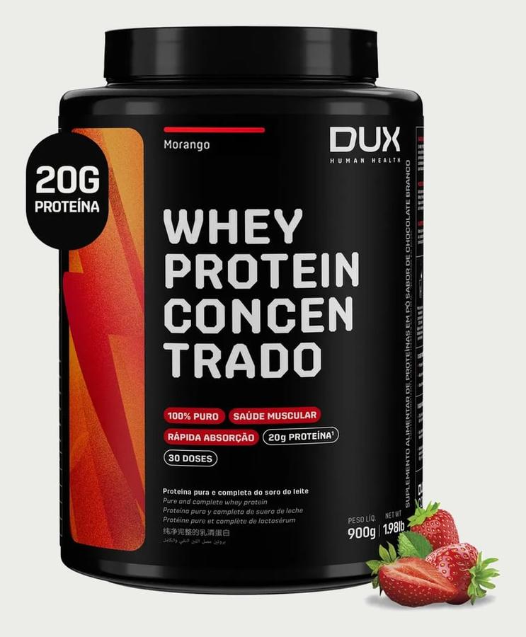 Whey Protein Concentrado DUX 900g Morango Proteína Pura Suplemento Muscular