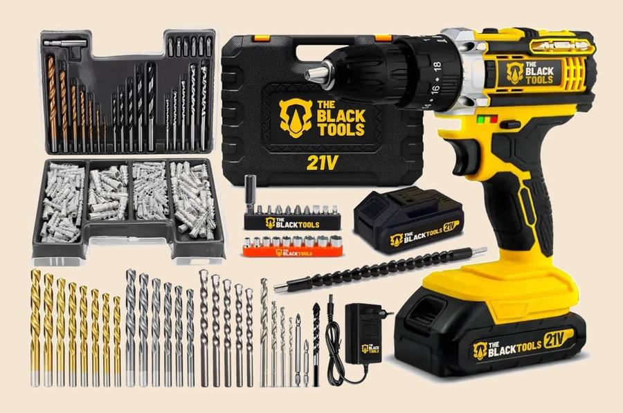Parafusadeira Furadeira De Impacto Profissional 21v Tb21pw Com Kit Brocas E Buchas 300 Peças The Black Tools