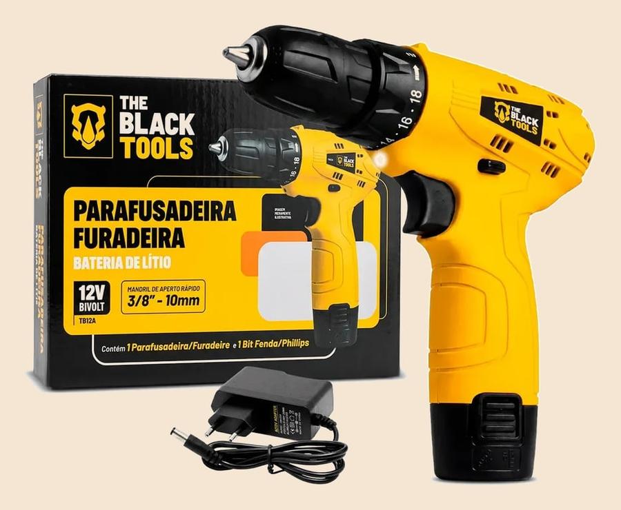 Parafusadeira Furadeira The Black Tools TB12A 3/8 a Bateria Cor Amarelo Frequência 60Hz