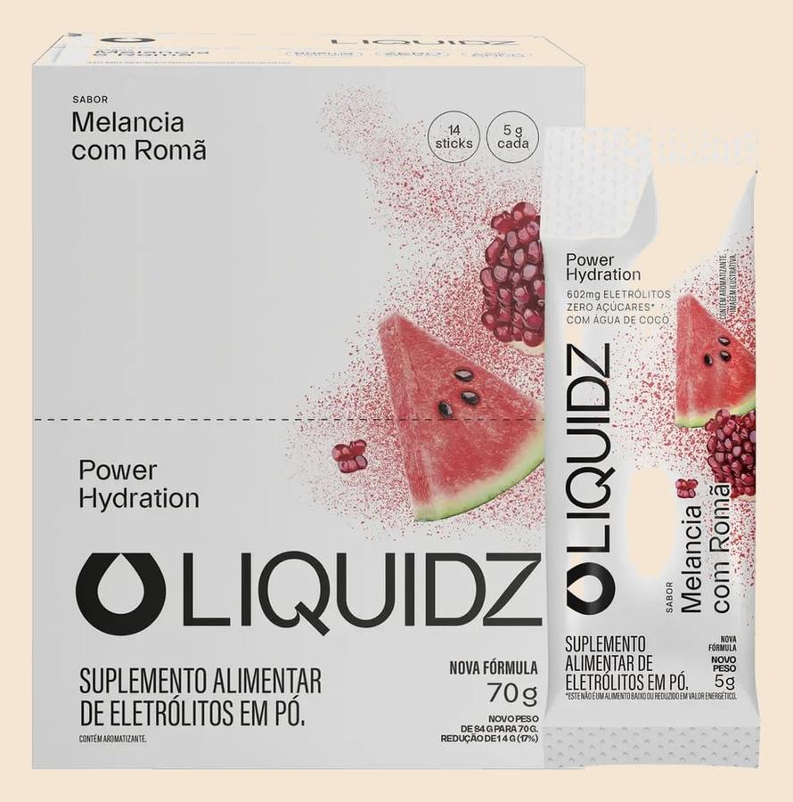 LIQUIDZ® - Eletrólitos Zero Açúcares - Sabor Melancia com Romã - Kit 1 Caixa - 14 sachês