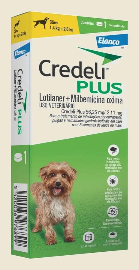 Credeli Plus Para Cães 1,4kg a 2,8kg 56,25mg | Antipulgas, Carrapatos e Vermífugo | 1 Comprimido Original Elanco