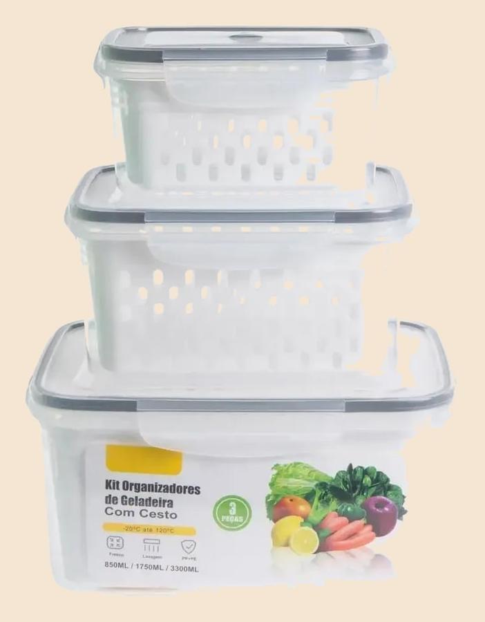Kit 3 Potes Organizador De Geladeira Armário Tampa Hermética Branco