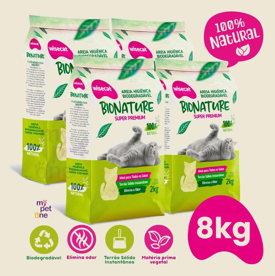 Kit 4 Areia Biodegradável 2 Kg Bionature para Gatos Wisecat