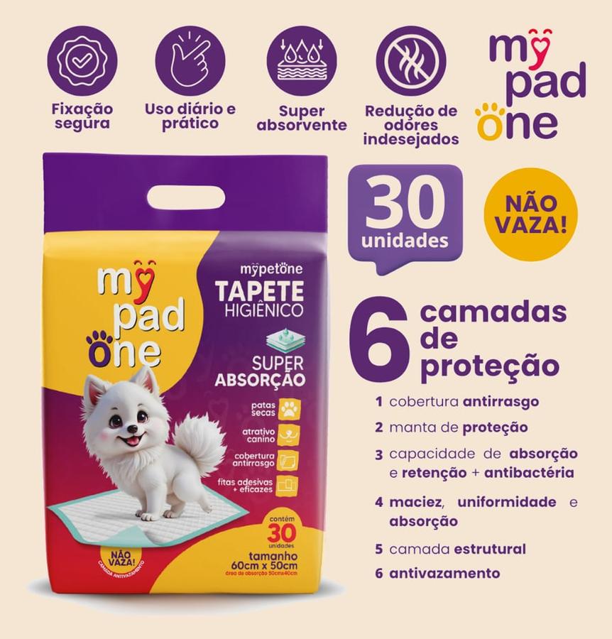 Tapete Higiênico Premium Slim para Caes MyPadOne 60x50 cm Ultra Absorção Envio Imediato - 30 Unidades