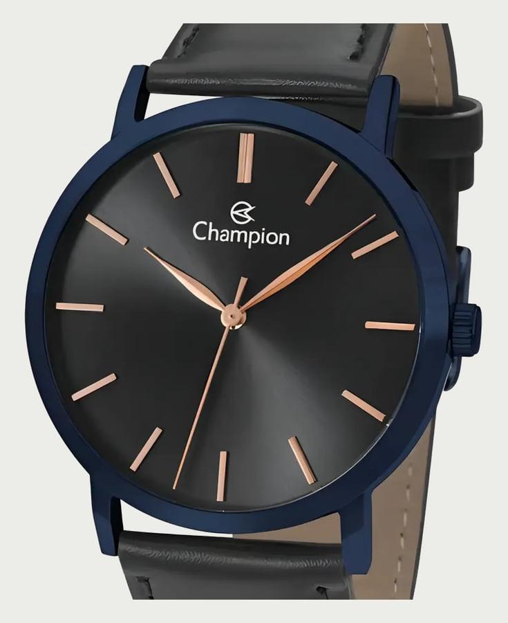 Relógio Champion Masculino Social Original Couro Preto Cor do bisel Azul