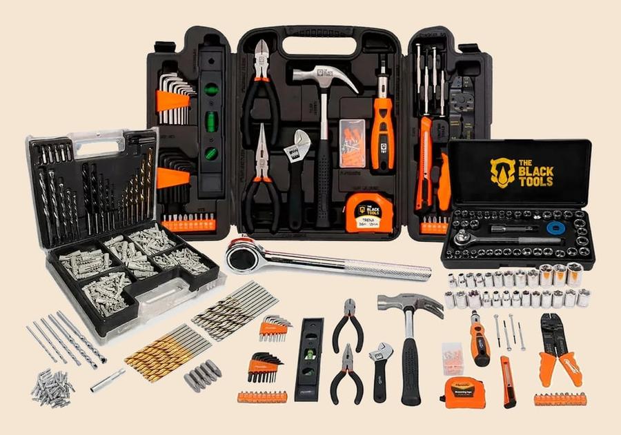 Kit Jogo De Ferramentas 129 Peças Com Jogo De 40 Soquetes Chaves E Kit 300 Peças Brocas E Buchas The Black Tools