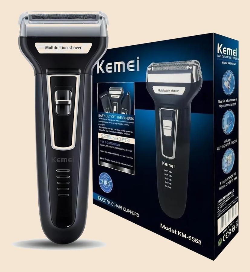 Aparador Barbeador Kemei KM-6558 Recarregável 3 Em 1 Cabeças Removíveis Bivolt