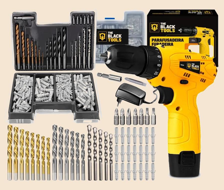 Furadeira Parafusadeira A Bateria 12V 3/8” 10mm Bivolt 350 Rpm The Black Tools + Jogo De Brocas Bits Buchas C/ 300 Peças