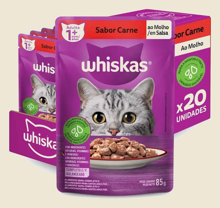 Ração Úmida Whiskas Sachê Gato Adulto Carne Ao Molho 85g 20 Unidades