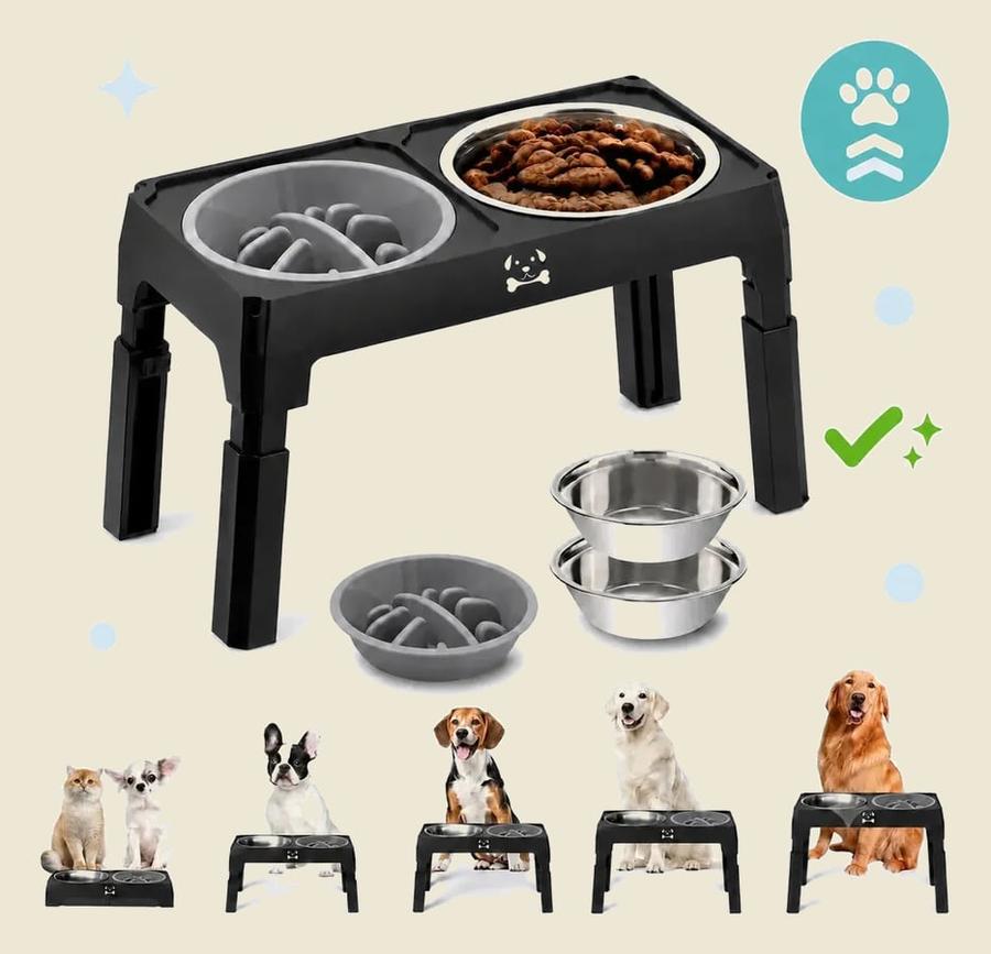 Comedouro e Bebedouro Elevado para Cães e gatos pets Inox Duplo lento tijela Regulável antiderrapante para buldogue com ajuste de altura suporte ergonomico 8cm 35cm