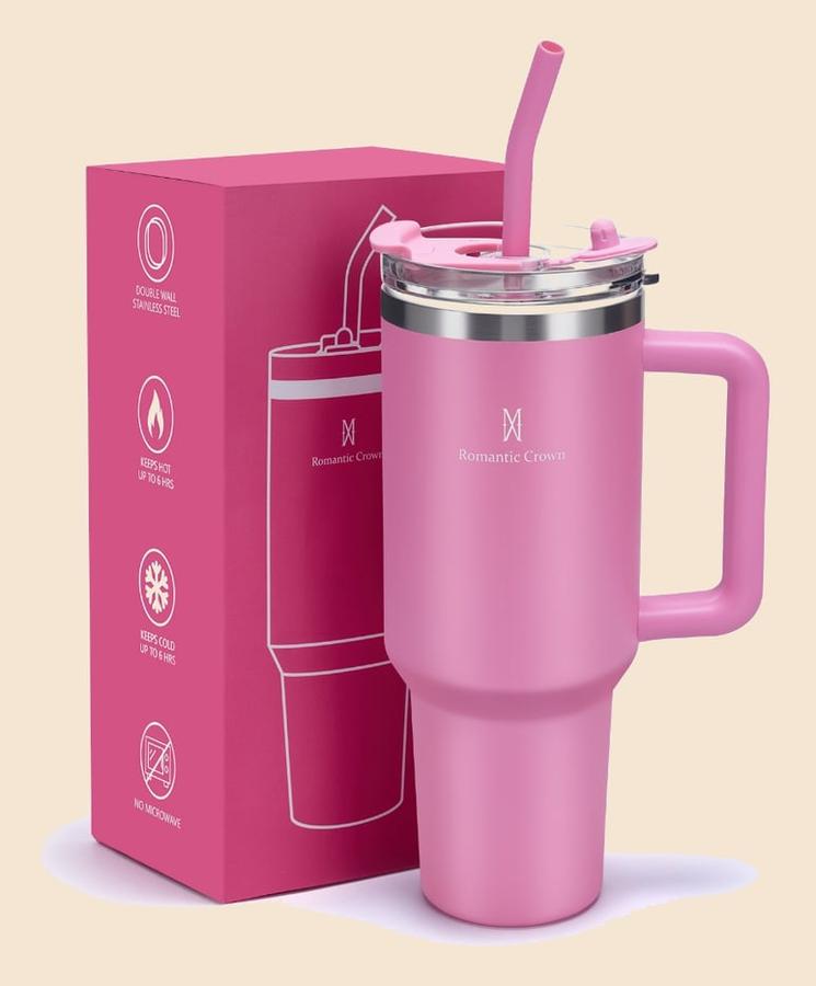 ROMANTIC CROWN Copo Térmico Inox Portátil 1200ml/600ml com Tampa e Canudo Garrafa Térmica Inoxidável